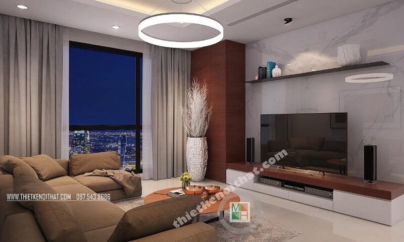 Trang trí nội thất phòng khách chung cư tiện nghi với bộ sofa bọc vải cao cấp kết hợp đèn trang trí ấn tượng mang đến không gian lí tưởng
