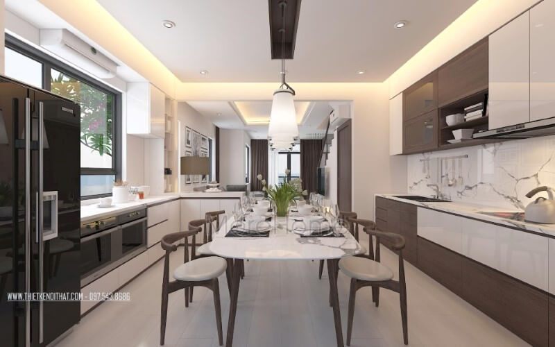 Bố trí nội thất phòng bếp hiện đại nhưng nhẹ nhàng, sang trọng.