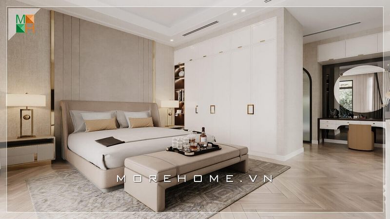 Mẫu thiết kế phòng ngủ hiện đại với nét sang trọng của nội thất màu trung tính được áp dụng cho các loại hình chung cư, nhà phố, biệt thự.